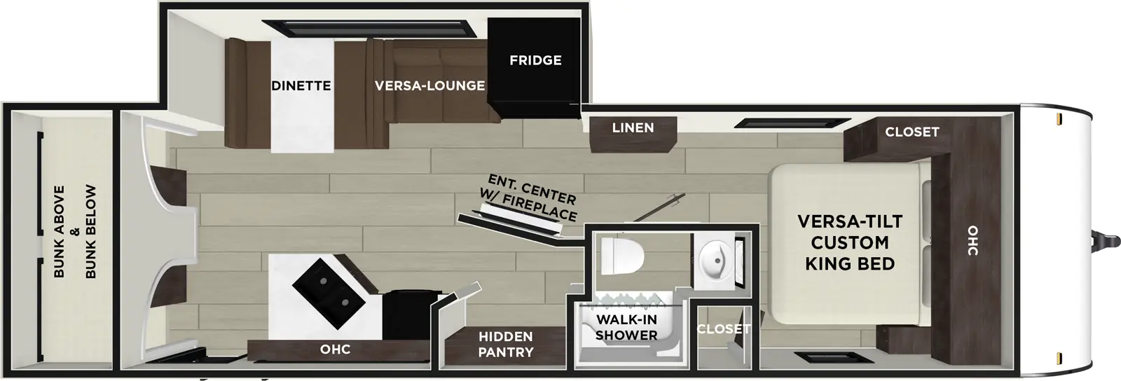 The Cruise Lite 28ICE floorplan has one entry and one slide out. Exterior features include: metal exterior. Interiors features include: bunk beds and front bedroom.